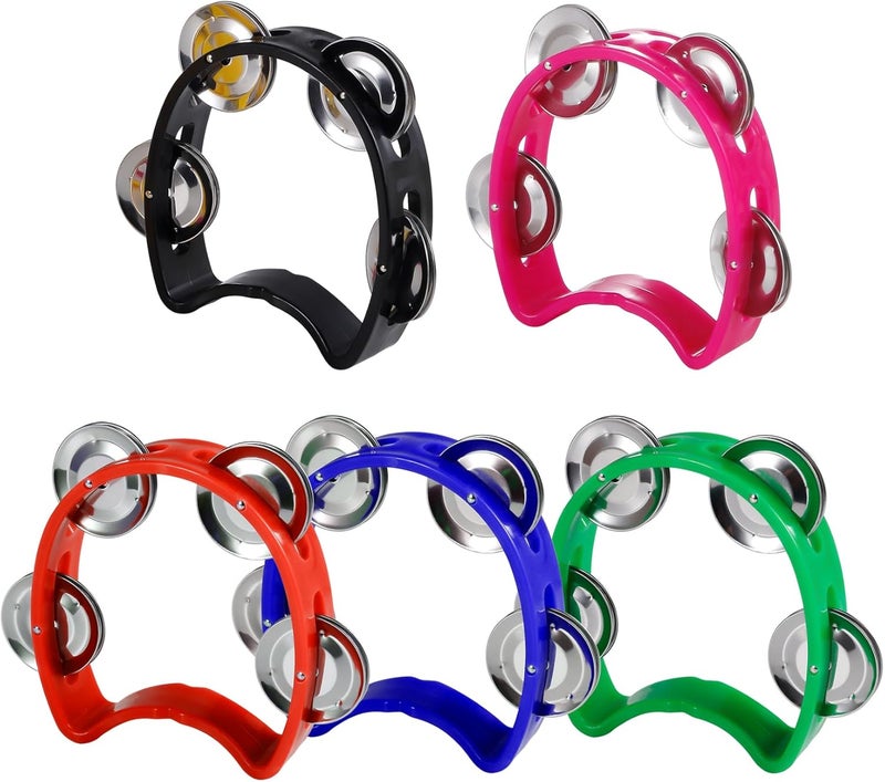 TENINYU Pack of 5 Half Moon Musical Tambourine, Double Row Metal 4 Jingle Bells Mini Hand Held Percussion Drum with Ergonomic Handle Grip (5 Color) - Image 1